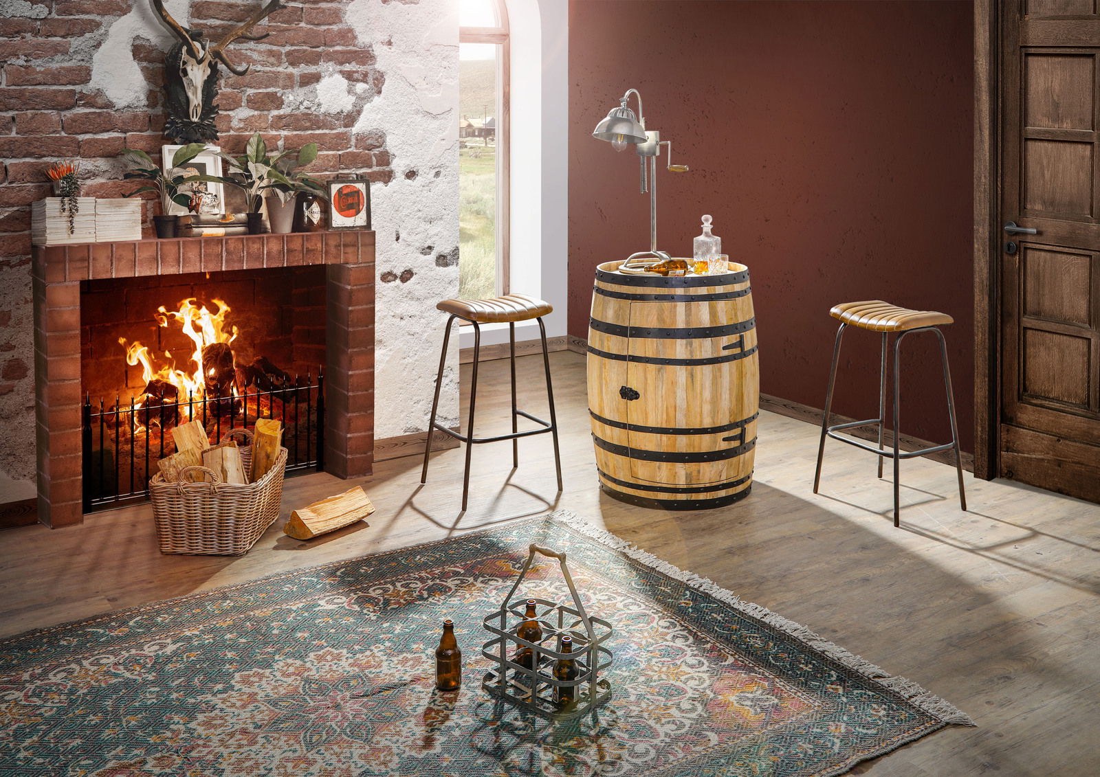 Ein stilvolles Bar-Fass in einem gemütlichen Raum mit Kamin, umgeben von zwei Barhockern. Perspektive: Frontalansicht.