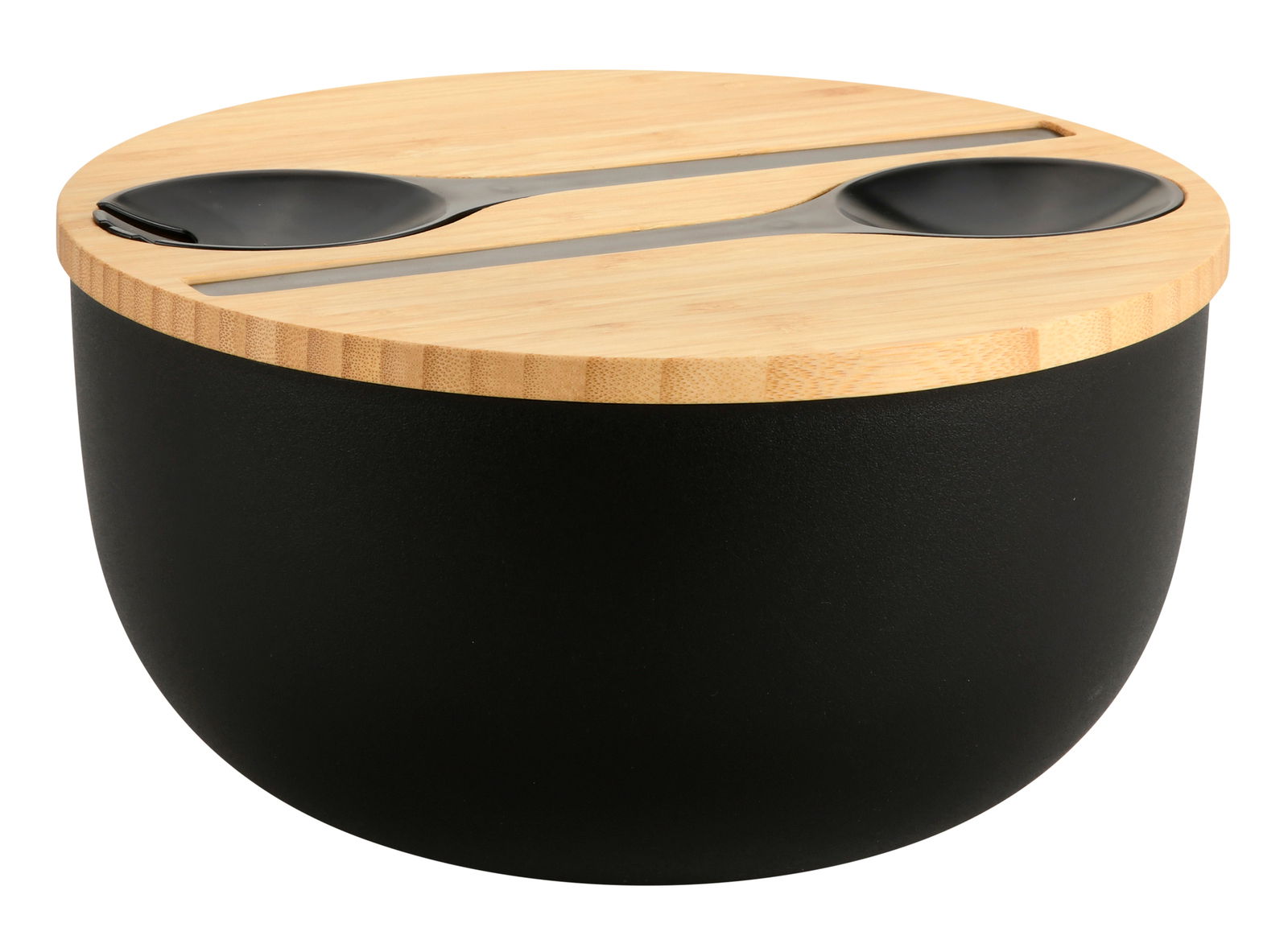 Kesper Salatschale Schwarze Salatschale aus Bambus mit passendem Deckel und integriertem Besteck, seitliche Perspektive