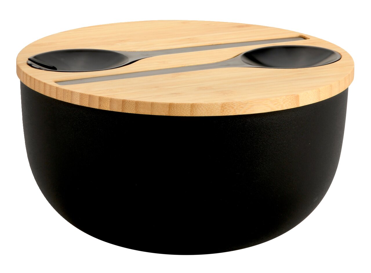 Kesper Salatschale Schwarze Salatschale aus Bambus mit passendem Deckel und integriertem Besteck, seitliche Perspektive
