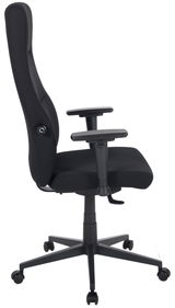 Schwarzer Drehstuhl mit hoher Rückenlehne und verstellbaren Armlehnen, Seitenansicht