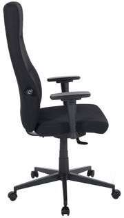 Schwarzer Drehstuhl mit hoher Rückenlehne und verstellbaren Armlehnen, Seitenansicht