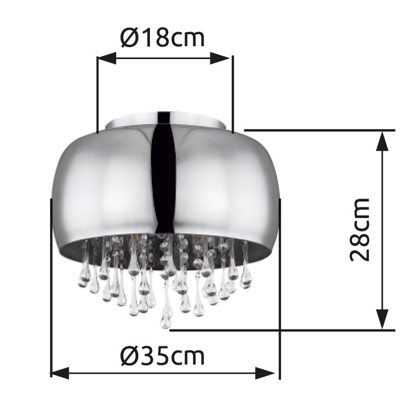 Moderne Deckenleuchte mit glänzendem Chromfinish und hängenden Kristallakzenten, seitliche Perspektive.