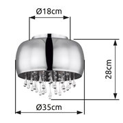 Moderne Deckenleuchte mit glänzendem Chromfinish und hängenden Kristallakzenten, seitliche Perspektive.