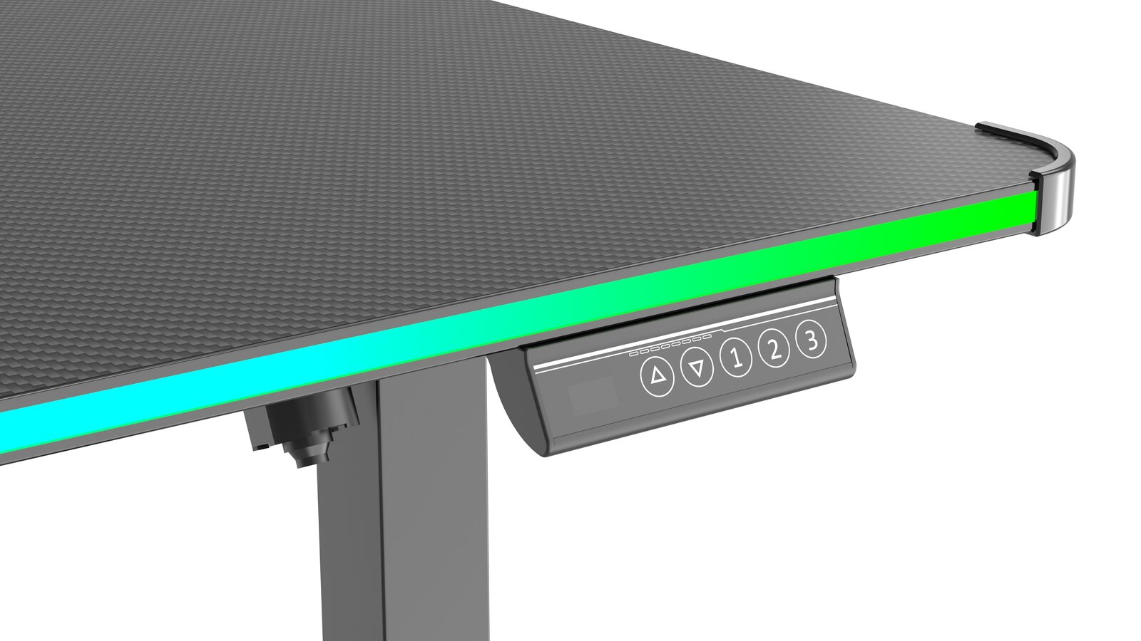 Nahaufnahme eines E-Gaming Tisches mit LED-Beleuchtung und Steuerungspanel, seitliche Perspektive