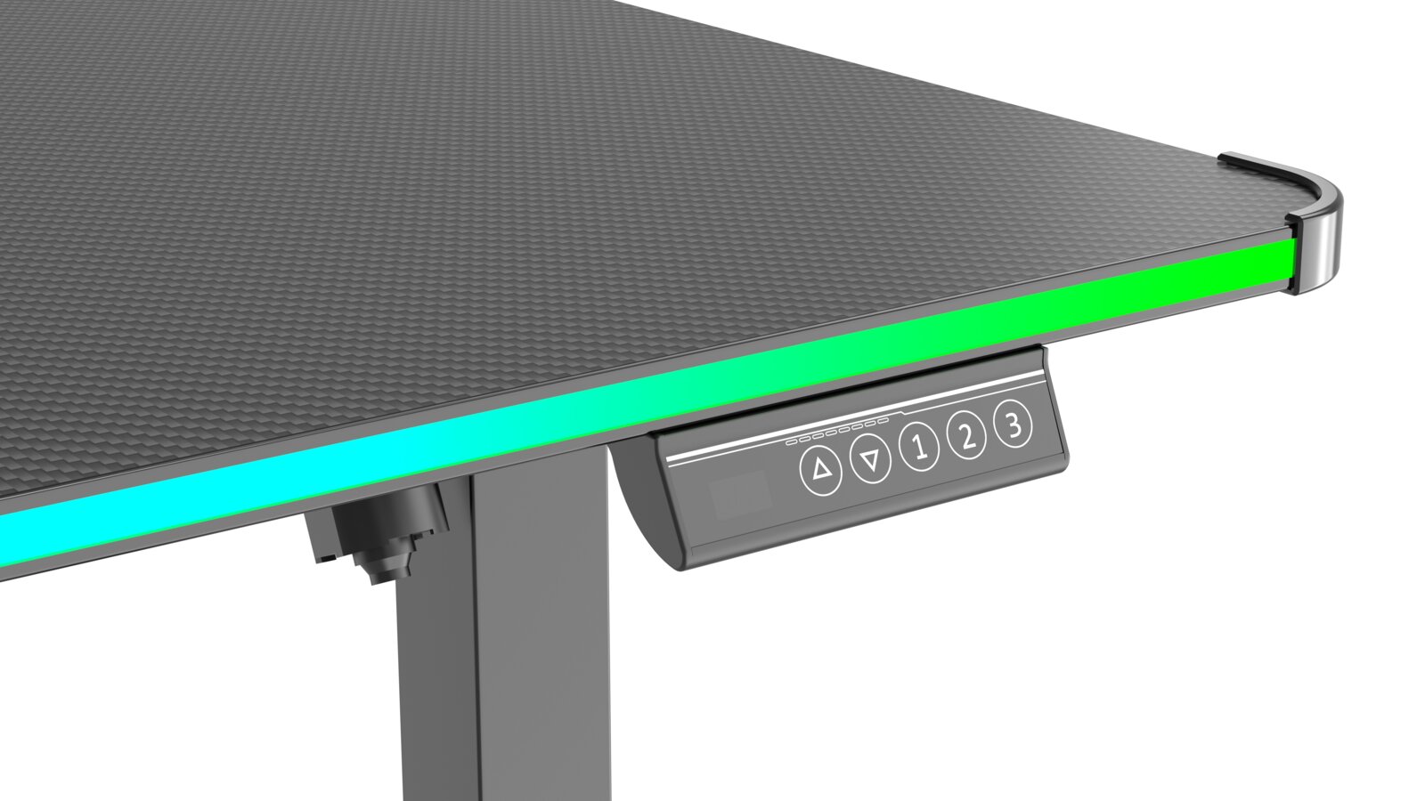 Nahaufnahme eines E-Gaming Tisches mit LED-Beleuchtung und Steuerungspanel, seitliche Perspektive