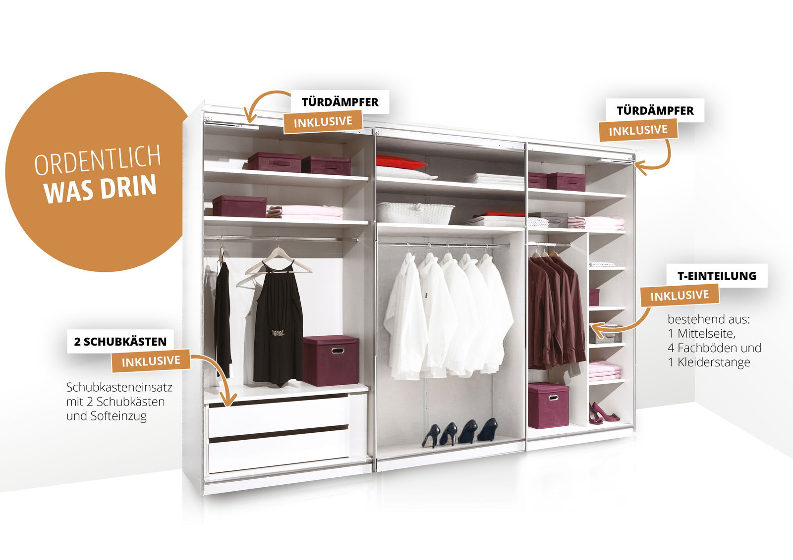 Schwebetürenschrank mit offener Frontansicht, zeigt integrierte Schubkästen, Türdämpfer und T-Einteilung mit Kleiderstange und Regalböden.