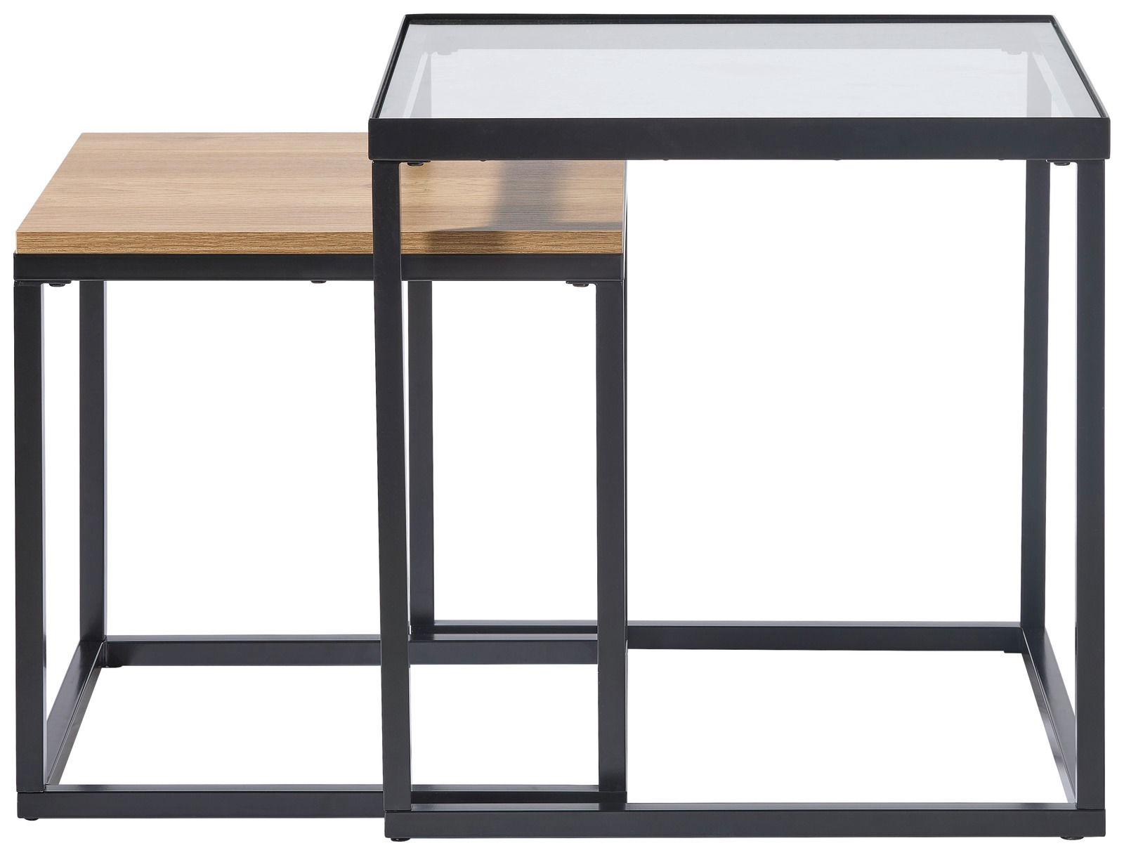 Zwei Beistelltische im Set, einer mit Glasplatte und der andere mit Holzplatte, aus seitlicher Perspektive.