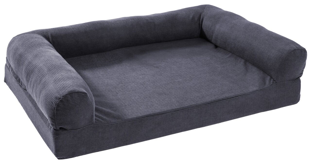 StepOne Hundebett S CORD 76x51cm Graues Hundebett in S-Größe mit erhöhtem Rand, seitliche Perspektive