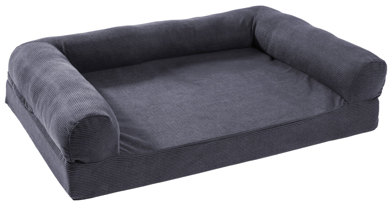 StepOne Hundebett S CORD 76x51cm Graues Hundebett in S-Größe mit erhöhtem Rand, seitliche Perspektive