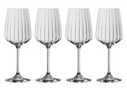Vier elegante Weissweingläser mit geriffeltem Design, frontal abgebildet.