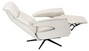 Seitliche Ansicht eines weißen Relaxsessels mit verstellbarer Rückenlehne und Fußstütze auf einem schwarzen Drehfuß.