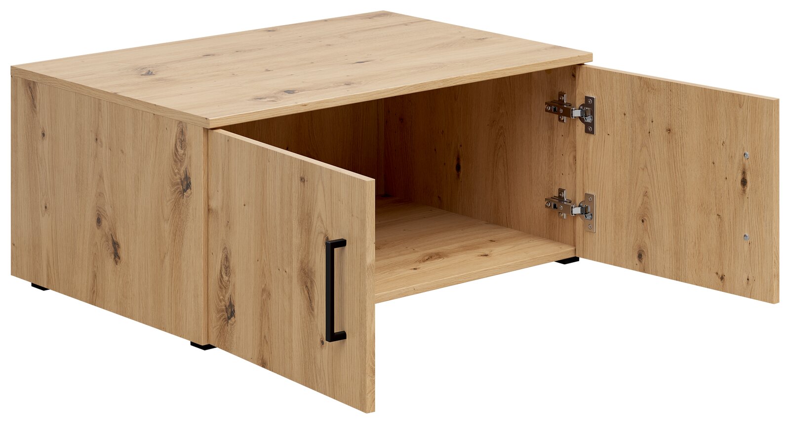 Holz-Aufsatzschrank mit zwei offenen Türen, seitliche Perspektive