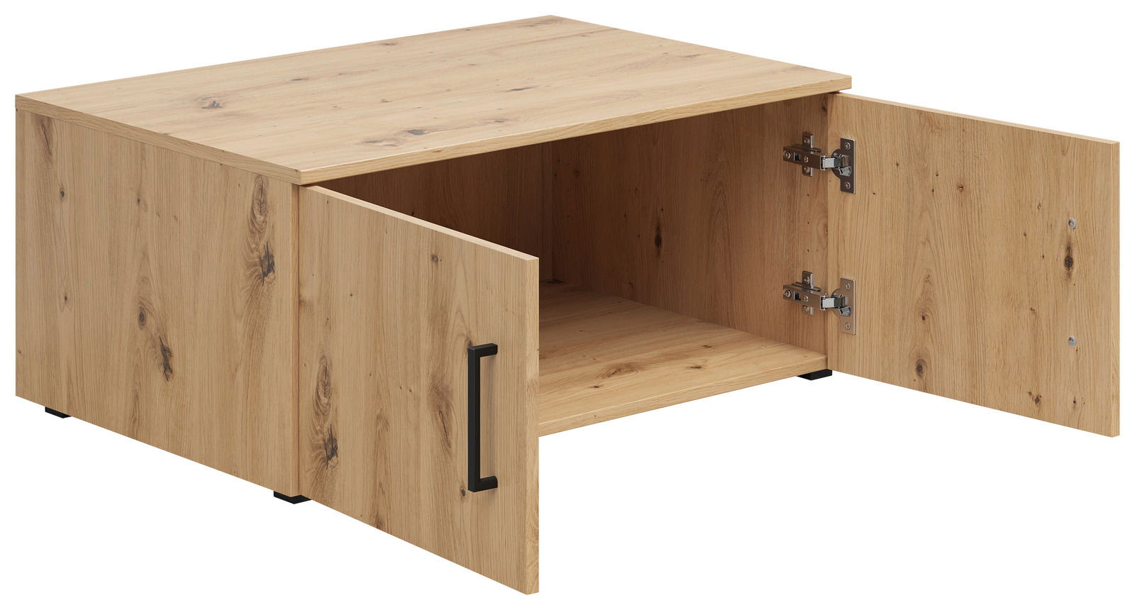 Holz-Aufsatzschrank mit zwei offenen Türen, seitliche Perspektive