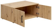 Holz-Aufsatzschrank mit zwei offenen Türen, seitliche Perspektive