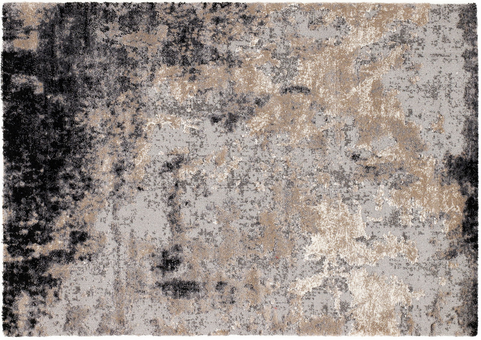 Designer Teppich mit abstraktem Muster in Grau-, Schwarz- und Beigetönen, Draufsicht