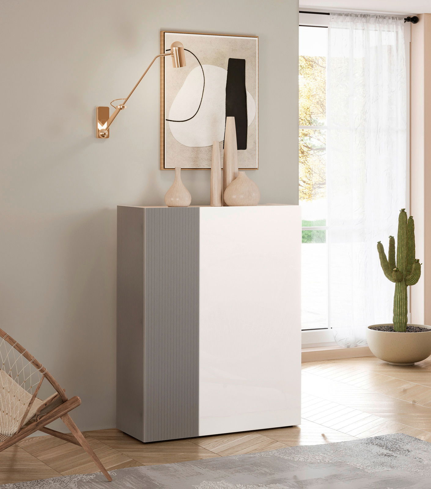 Moderner Schuhschrank in einem eleganten Raum, seitliche Perspektive