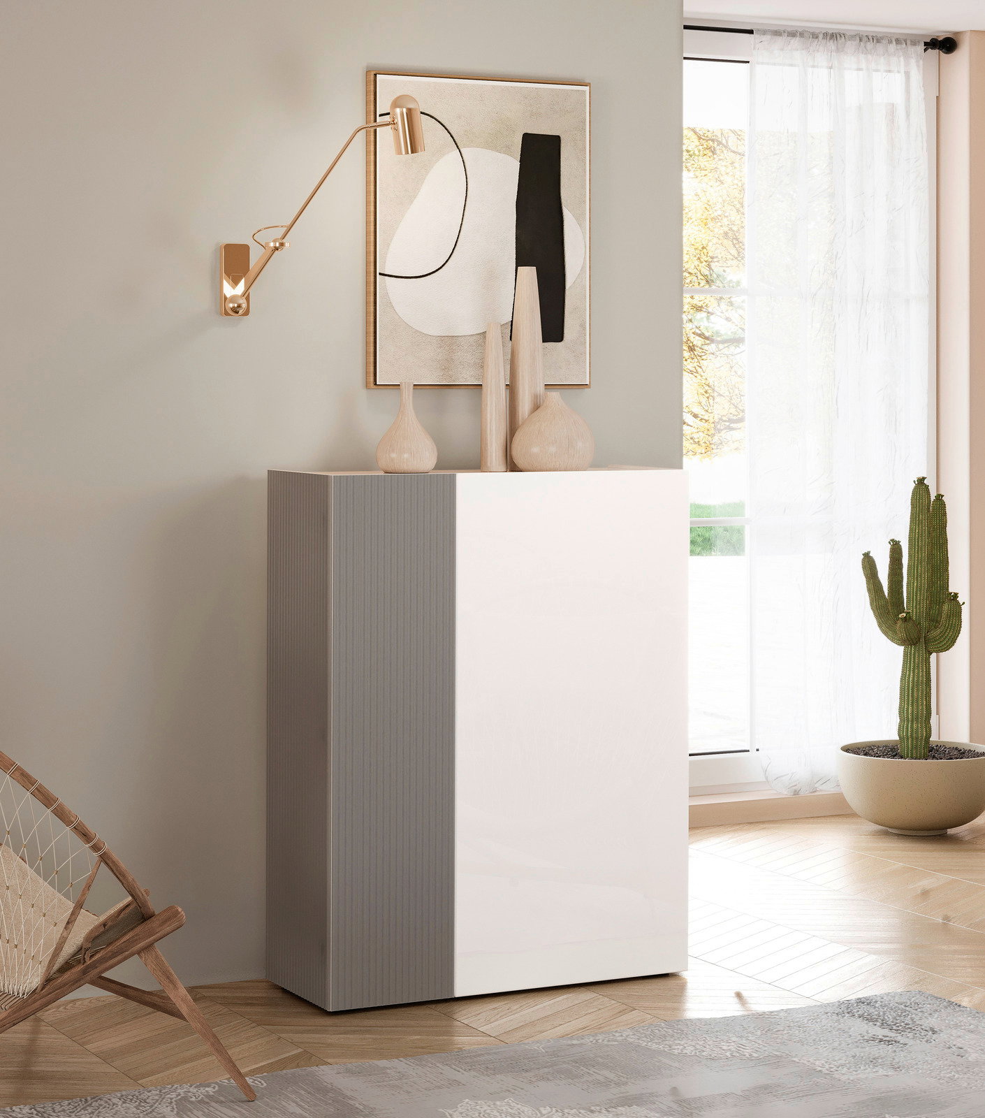 Moderner Schuhschrank in einem eleganten Raum, seitliche Perspektive