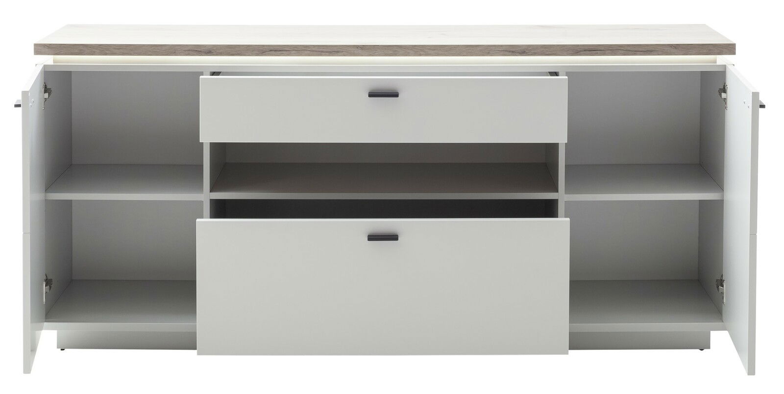 Frontale Ansicht eines modernen Sideboards mit zwei offenen Schubladen und zwei offenen Türen, die viel Stauraum bieten.
