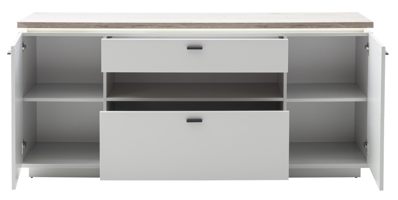 Frontale Ansicht eines modernen Sideboards mit zwei offenen Schubladen und zwei offenen Türen, die viel Stauraum bieten.