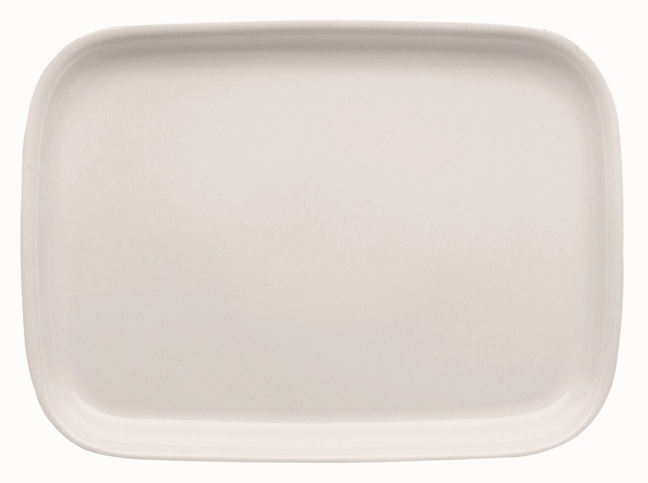 Rechteckige, cremefarbene Platte mit abgerundeten Ecken, Draufsicht.