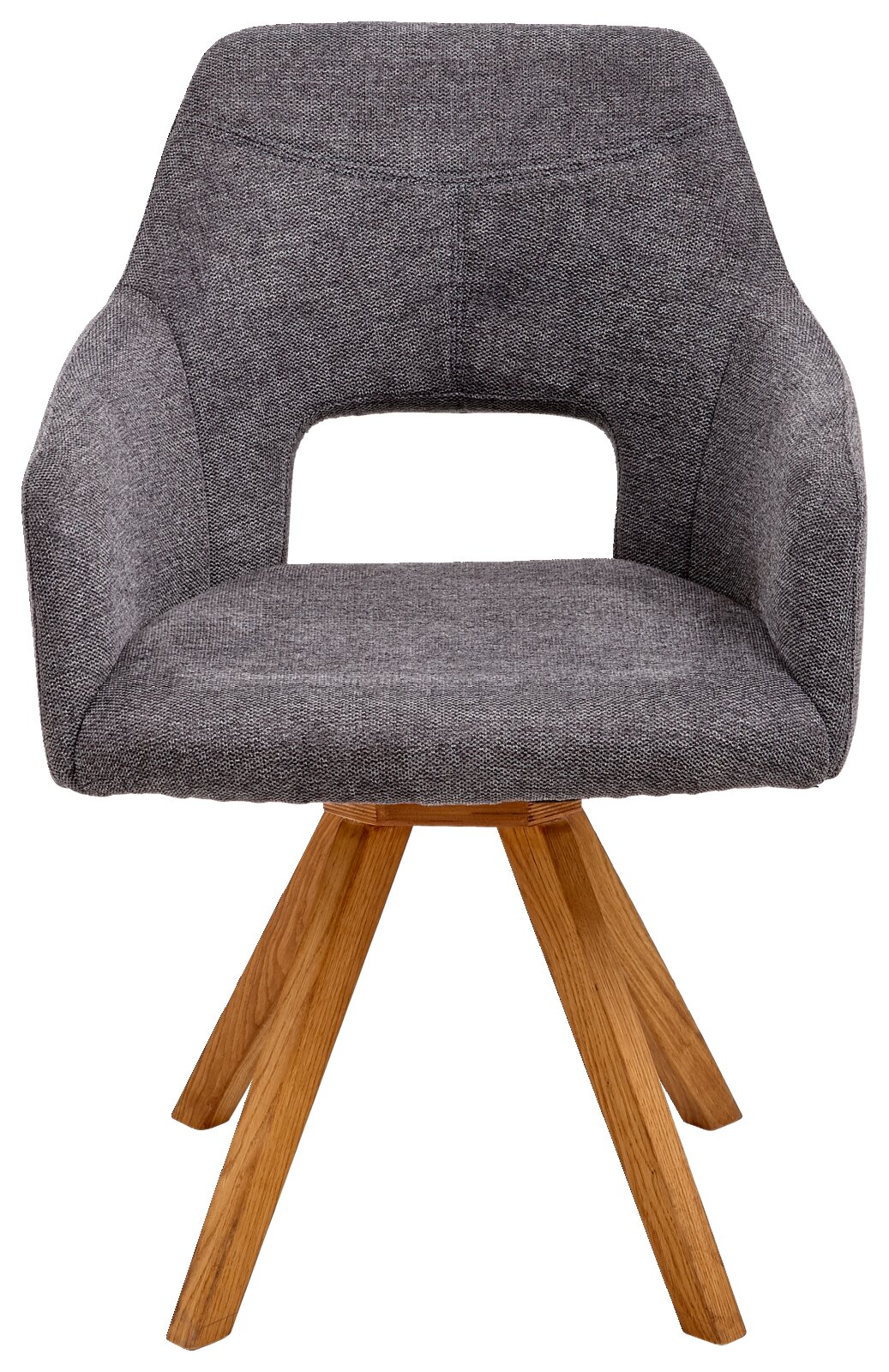Grijze fauteuil uit de EVITA-serie van Voleo met houten poten, vooraanzicht