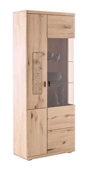 Vitrine aus hellem Holz mit Glastür, seitliche Perspektive