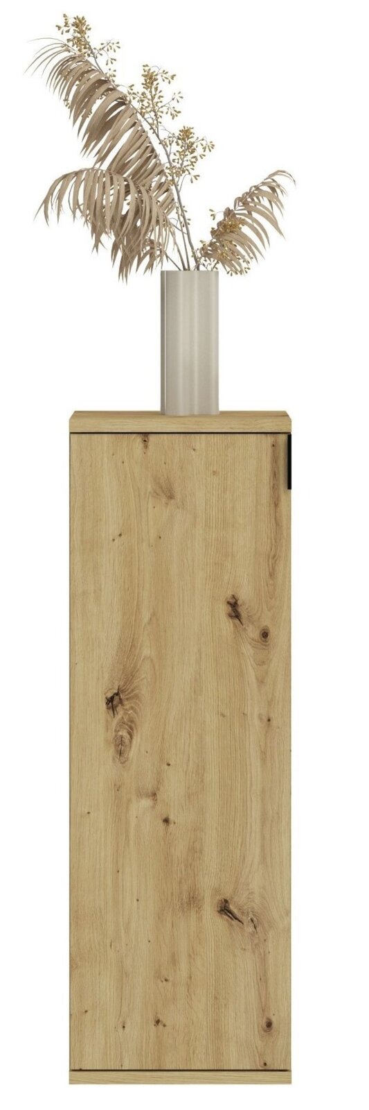 Frontale Ansicht eines schmalen Holzschranks mit natürlicher Holzmaserung, dekoriert mit einer Vase und getrockneten Pflanzen.