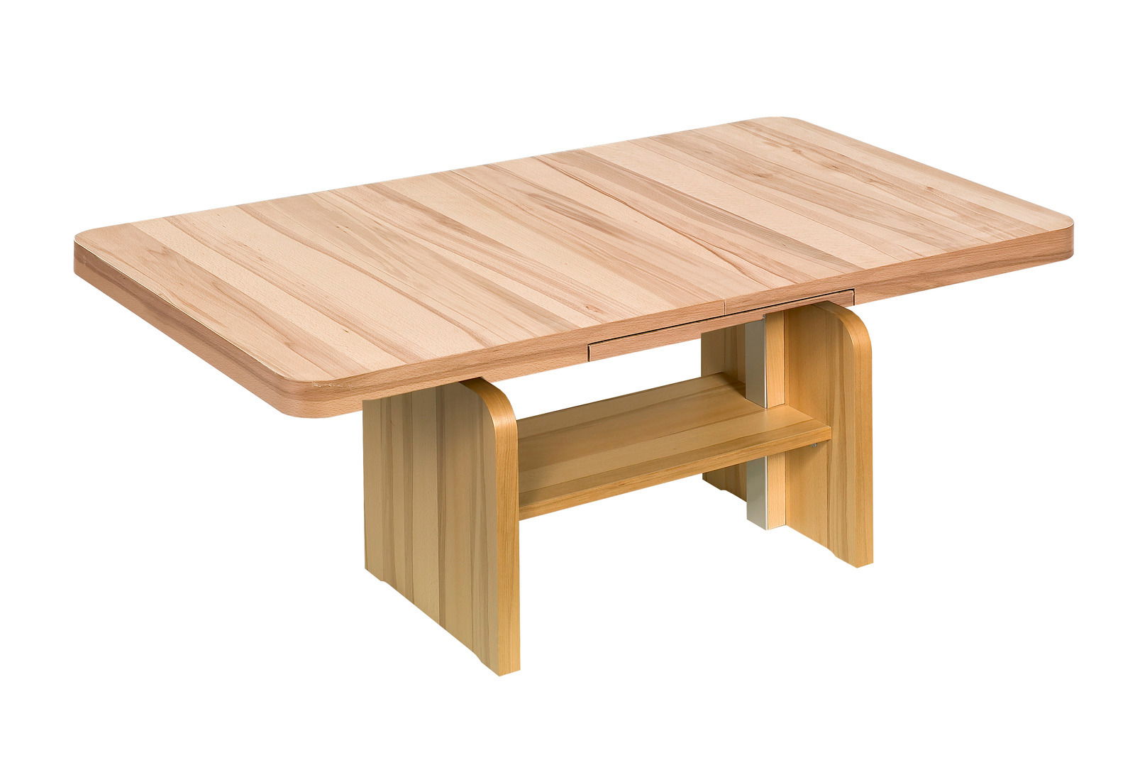 Rechteckiger Couchtisch aus hellem Holz mit abgerundeten Ecken und einem stabilen Untergestell, seitliche Perspektive