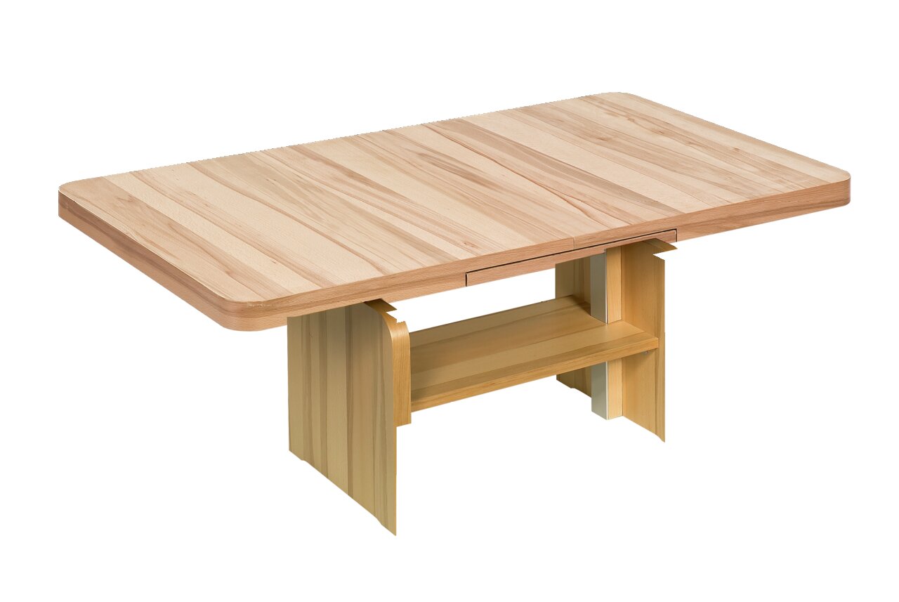 Rechteckiger Couchtisch aus hellem Holz mit abgerundeten Ecken und einem stabilen Untergestell, seitliche Perspektive