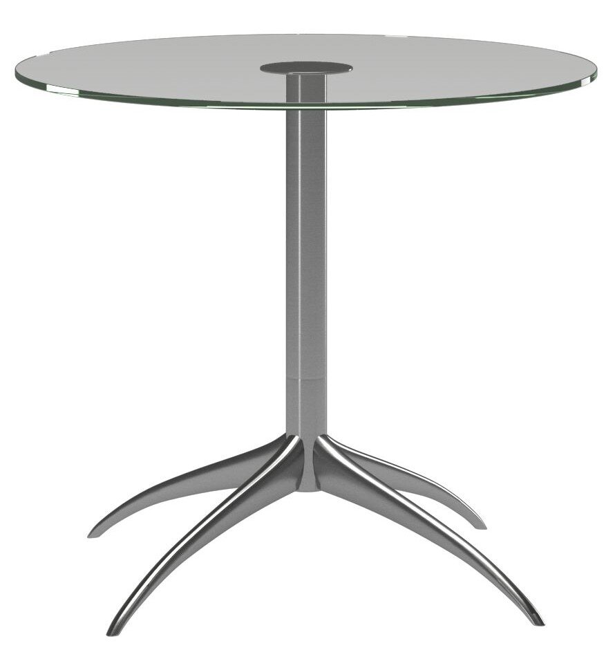 Moderner Beistelltisch mit runder Glasplatte und elegantem Metallfuß, seitliche Perspektive