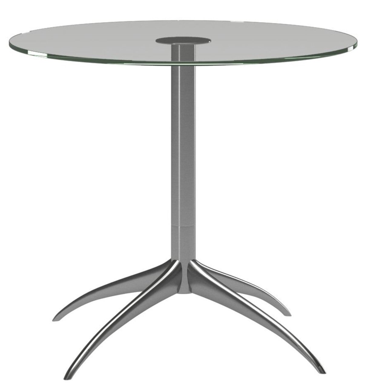 Moderner Beistelltisch mit runder Glasplatte und elegantem Metallfuß, seitliche Perspektive