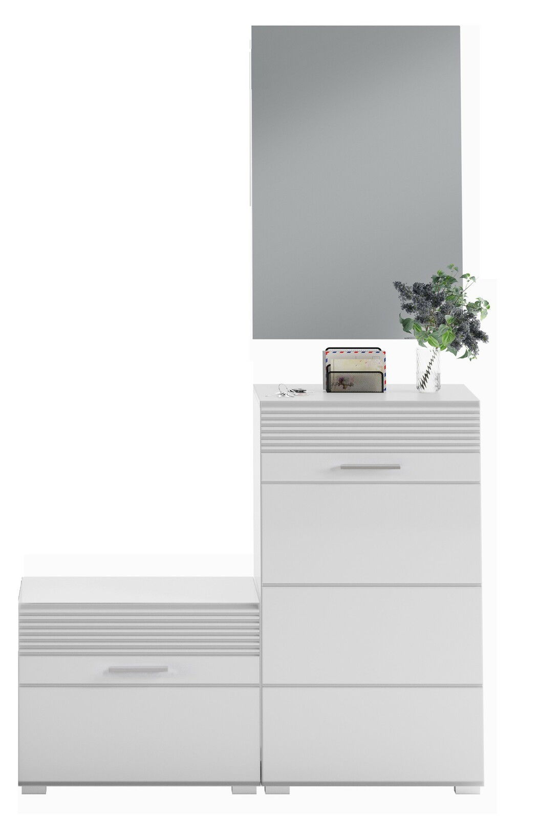 Garderobenkombination in Weiß mit Spiegel, Schubladen und dekorativer Vase, frontal betrachtet.