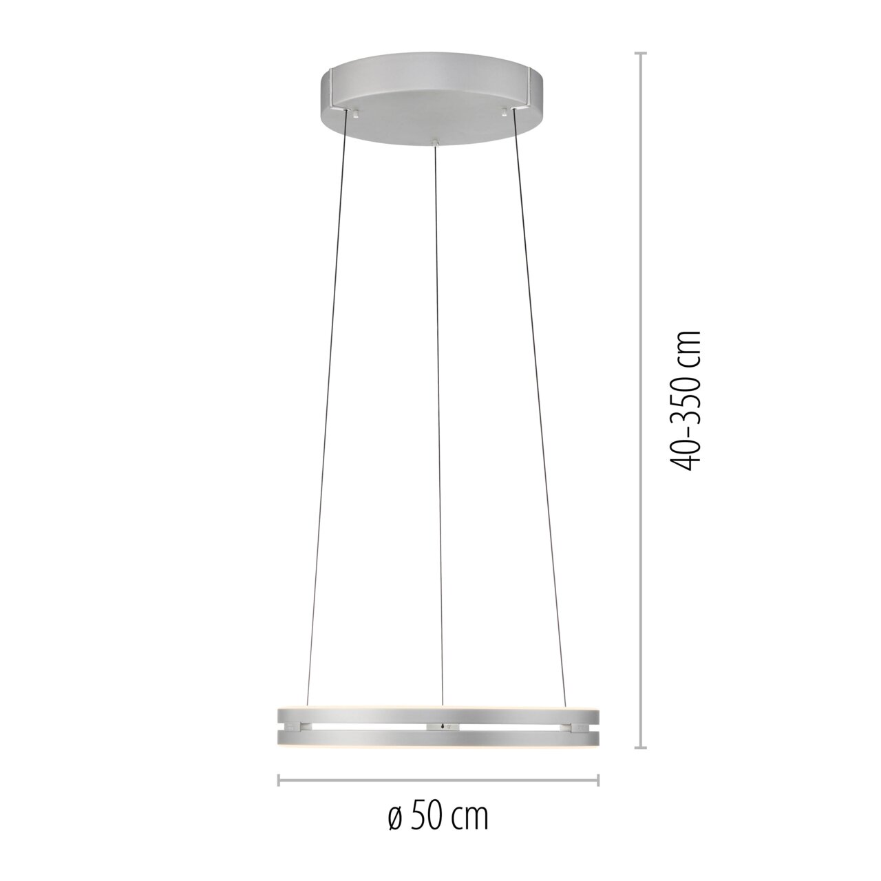 Moderne hanglamp PURE E-Loop in zilverkleur, gezien van onderaf, met een diameter van 50 cm en een verstelbare hoogte van 40 tot 350 cm.