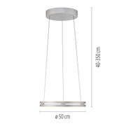 Moderne hanglamp PURE E-Loop in zilverkleur, gezien van onderaf, met een diameter van 50 cm en een verstelbare hoogte van 40 tot 350 cm.