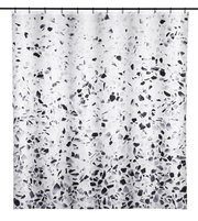 Duschvorhang mit schwarz-weißem Terrazzo-Muster, frontal aufgenommen