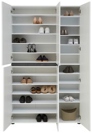 XXL-Schuh- und Mehrzweckschrank mit offenen Türen, gefüllt mit verschiedenen Schuhen, aus frontaler Perspektive.