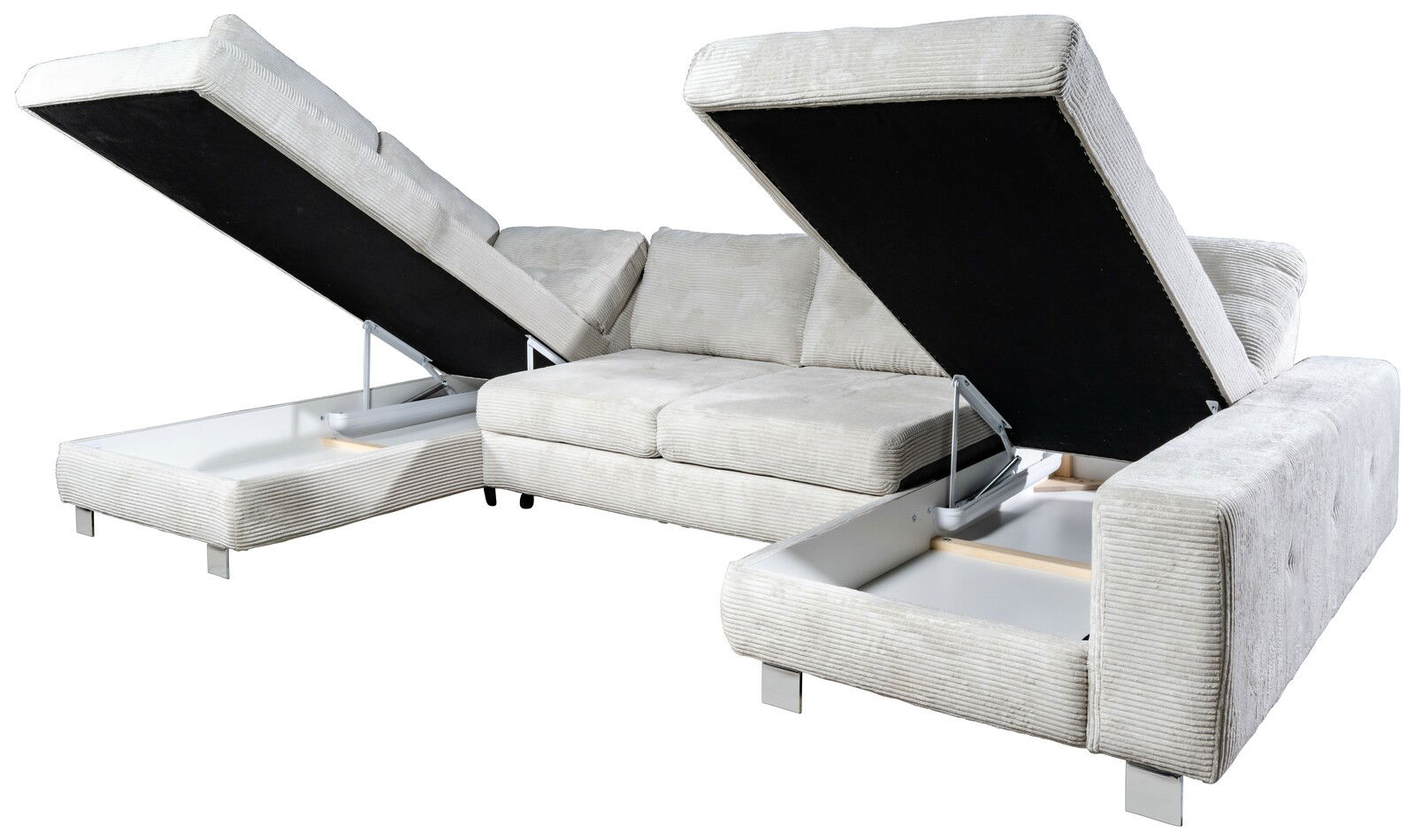 Helle Rundecke mit zwei geöffneten Stauraumfächern, seitliche Perspektive