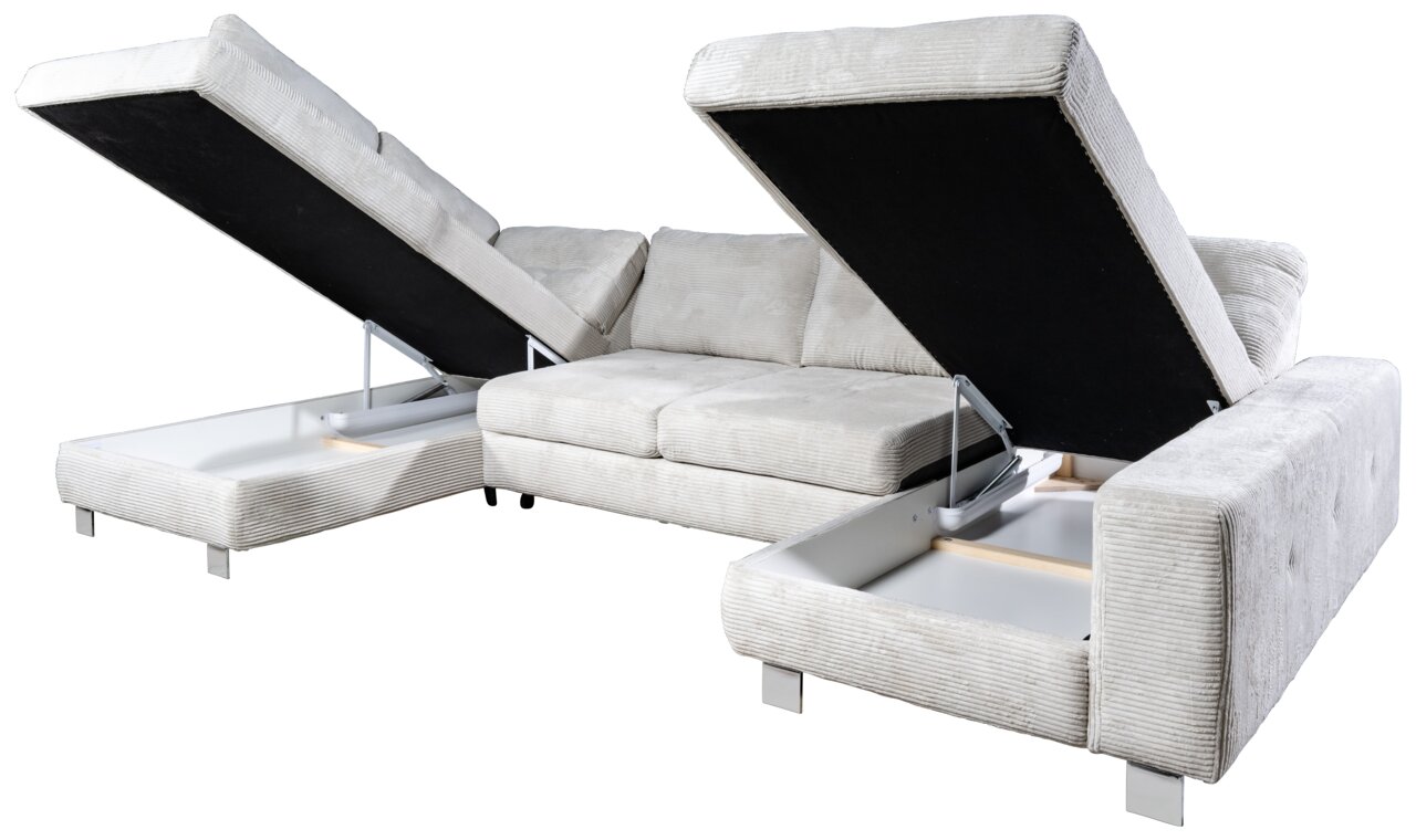 Helle Rundecke mit zwei geöffneten Stauraumfächern, seitliche Perspektive