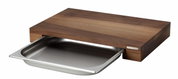 Multifunctionele houten plank met uitschuifbare roestvrijstalen lade, zijaanzicht