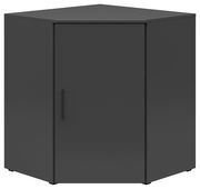 Schwarze Eckkommode mit einer Tür, frontal abgebildet.