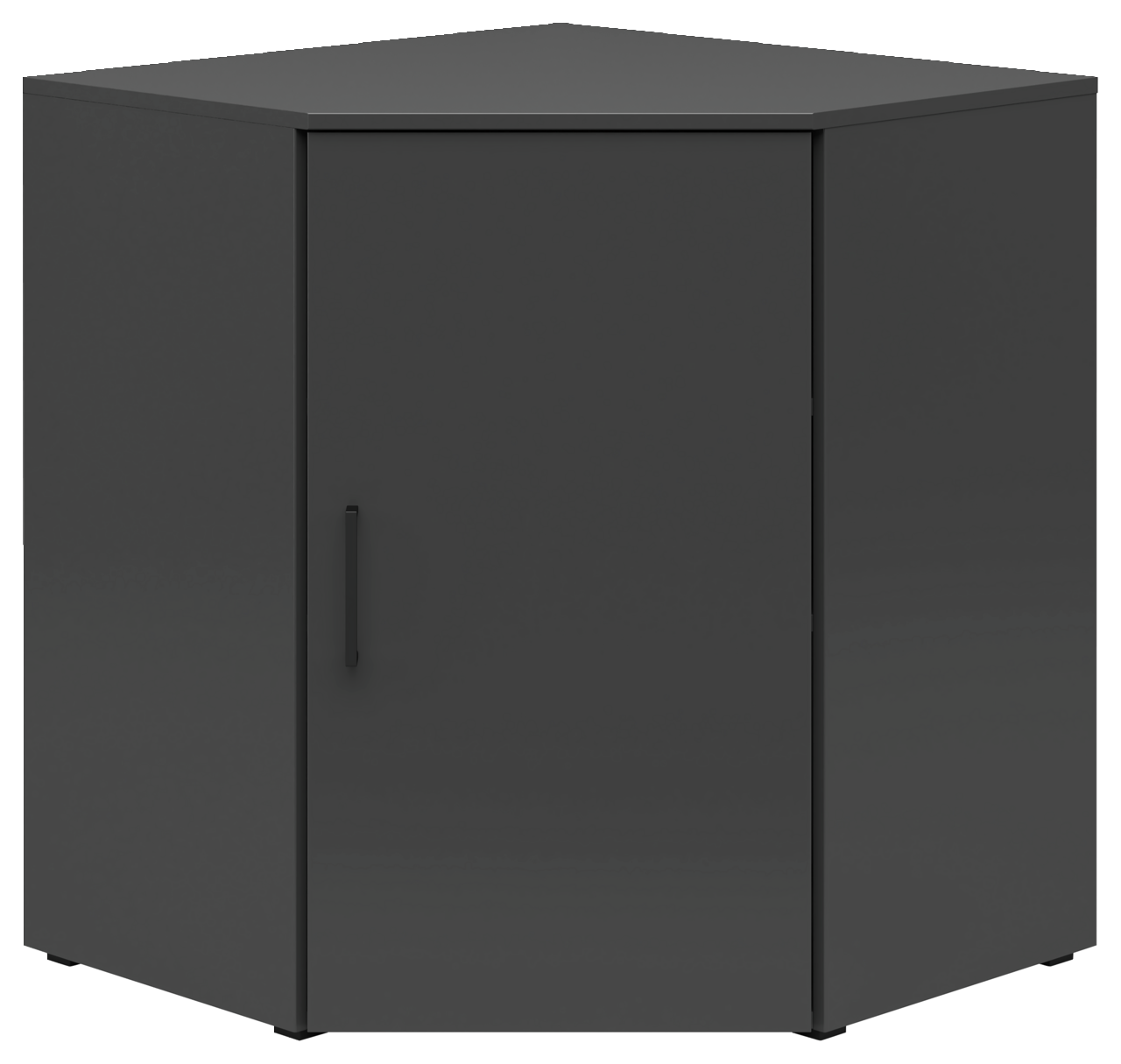 Schwarze Eckkommode mit einer Tür, frontal abgebildet.