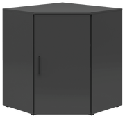 Schwarze Eckkommode mit einer Tür, frontal abgebildet.