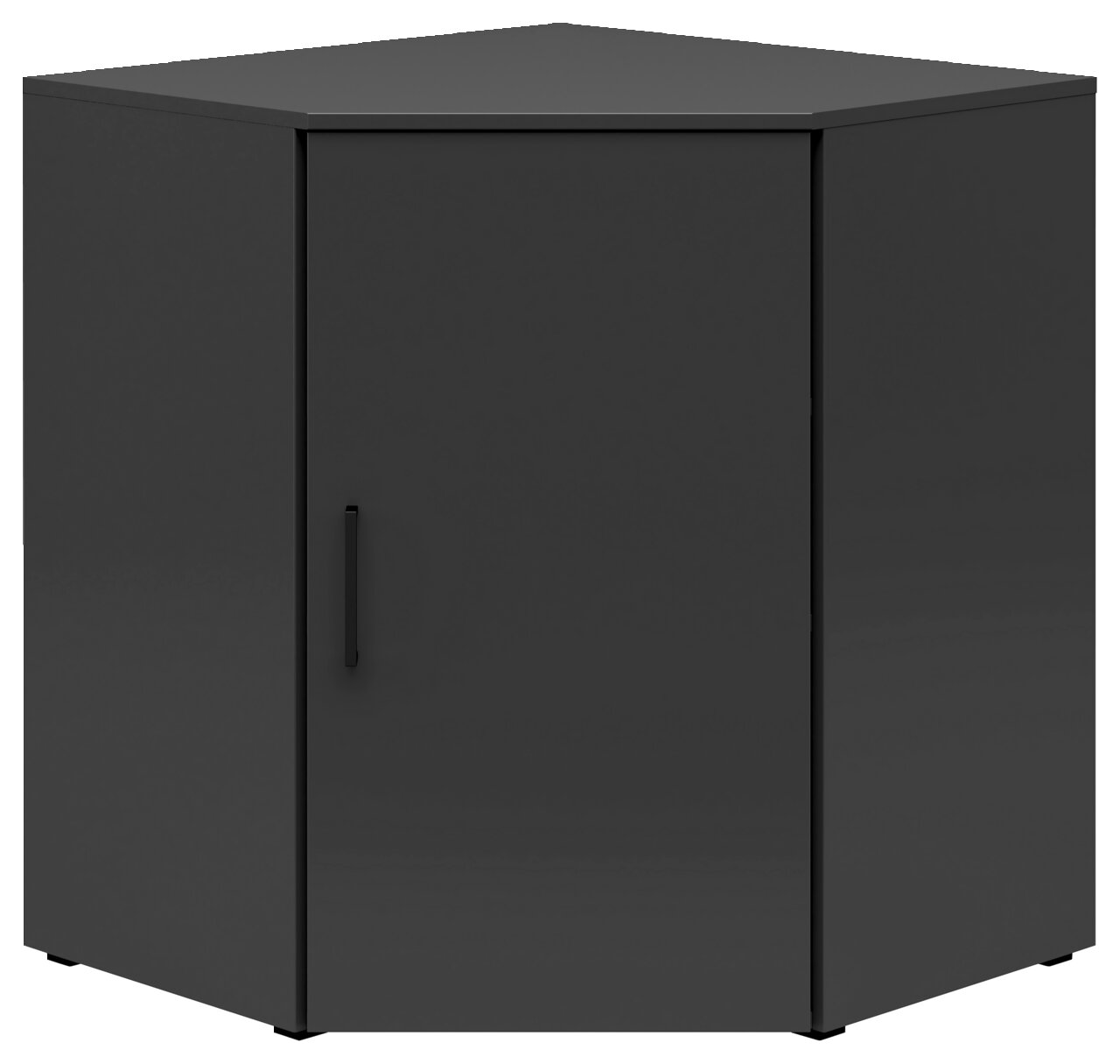 Schwarze Eckkommode mit einer Tür, frontal abgebildet.