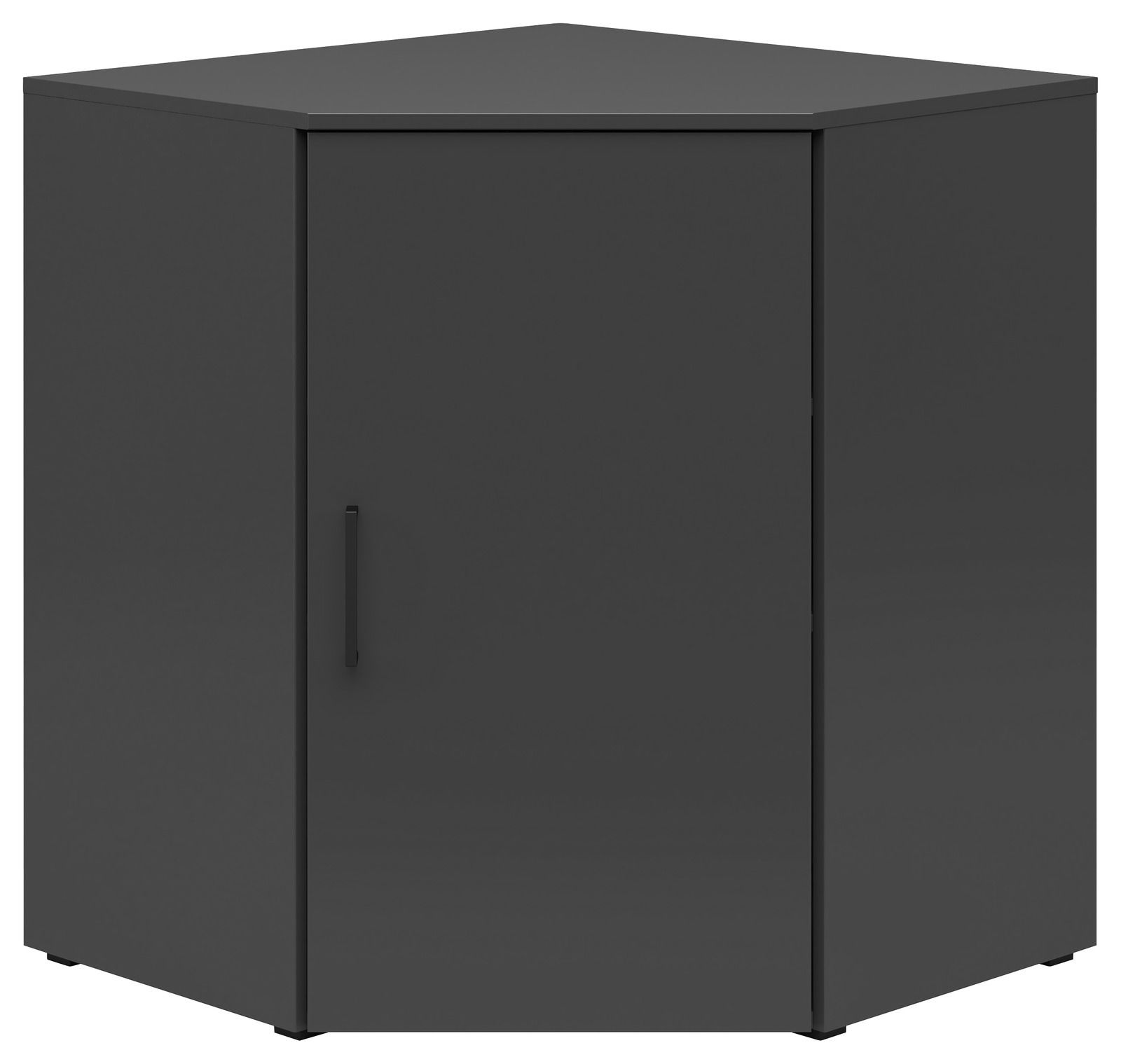 Schwarze Eckkommode mit einer Tür, frontal abgebildet.