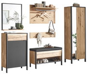 Garderoben-Set aus Holz und Metall mit Spiegel, Schuhschrank, Sitzbank und Hakenleiste, frontal abgebildet.