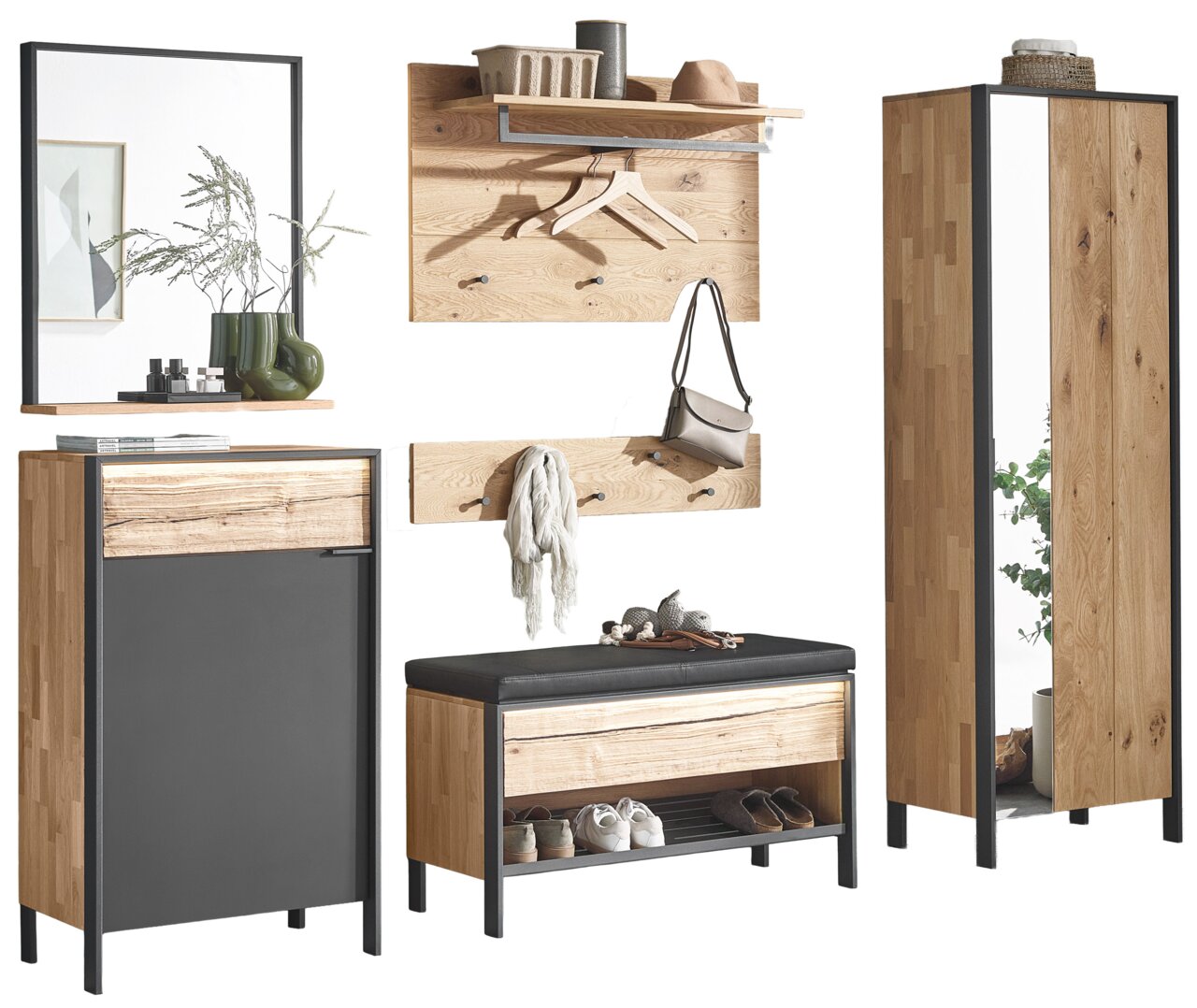 Garderoben-Set aus Holz und Metall mit Spiegel, Schuhschrank, Sitzbank und Hakenleiste, frontal abgebildet.