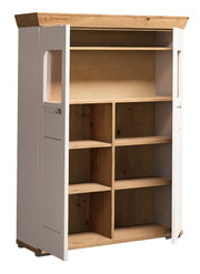 Hochwertiges Highboard aus Holz mit offenen Regalfächern und zwei Türen, seitliche Perspektive