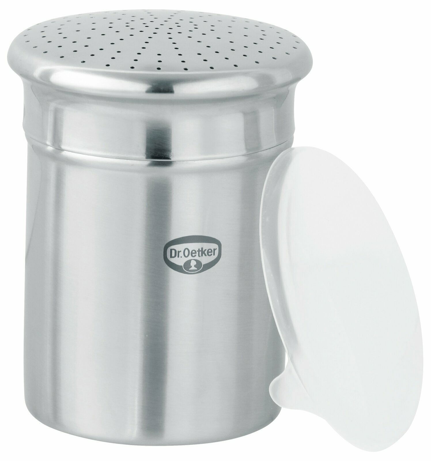 Edelstahl Puderzuckerstreuer mit abnehmbarem Deckel, seitliche Perspektive