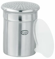 Edelstahl Puderzuckerstreuer mit abnehmbarem Deckel, seitliche Perspektive