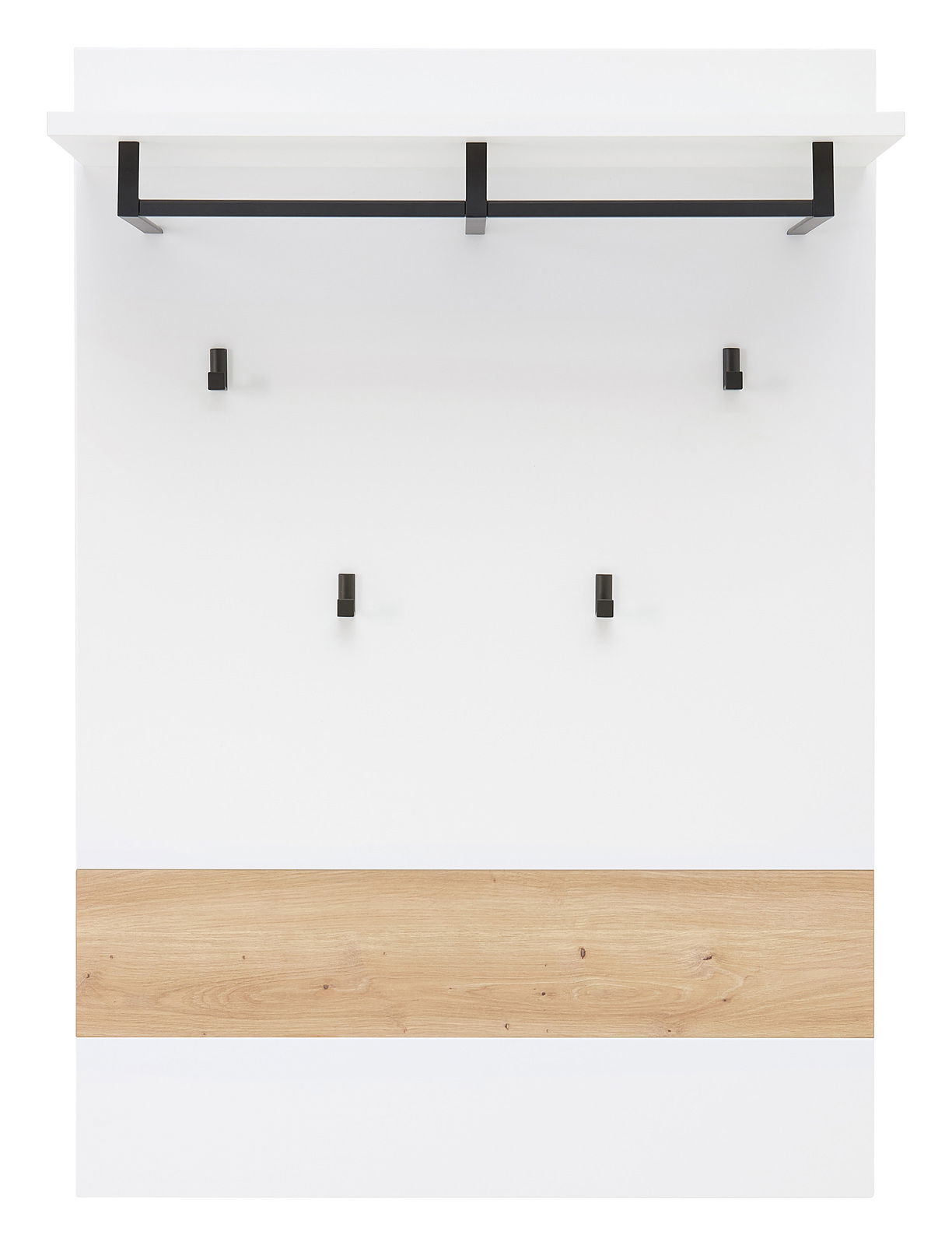 Frontale Ansicht des XORA Garderobensets MEMPHIS mit weißem und holzfarbenem Design, mehreren Haken und einer Ablage.